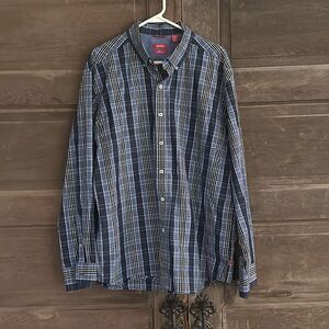 Izod Long Sleeve Button Up Plaid‎ Shirt Men’s Size XL Slim Fit Blue